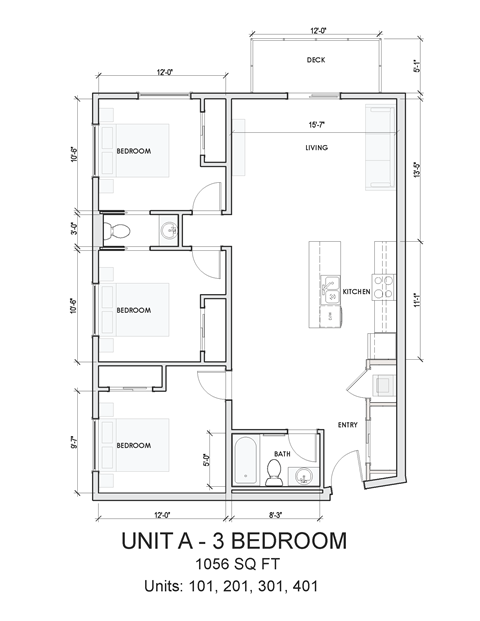 Floor plan for 3 beds, 1 bath, 1056 sqft